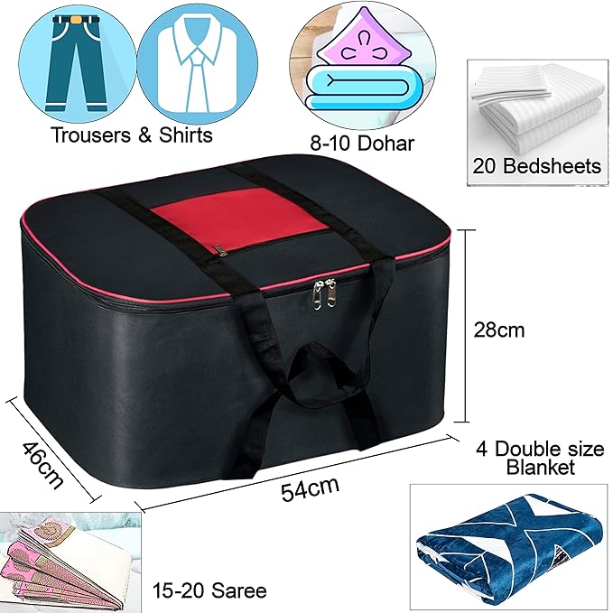 2 Pack Moisture Proof Nylon Large Size Underbed Storage Bag For Clothes (54 x 46 x 28 cm) - Black, Rectangular